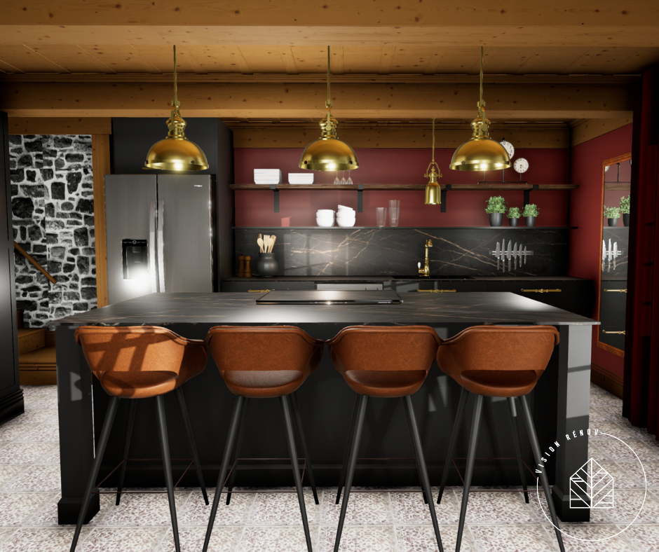 cuisine noir masculine et foncé pour conserver le look vieillot et patrimoniel de la bâtisse