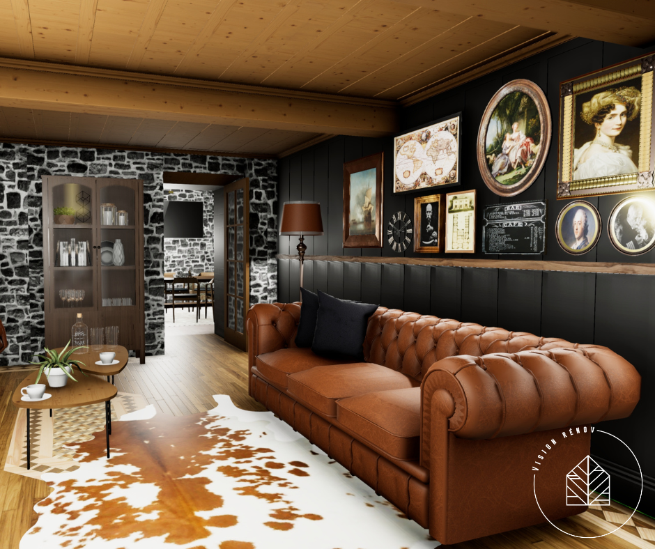 salon ou salle familiale de style man's cave et de style James Bond